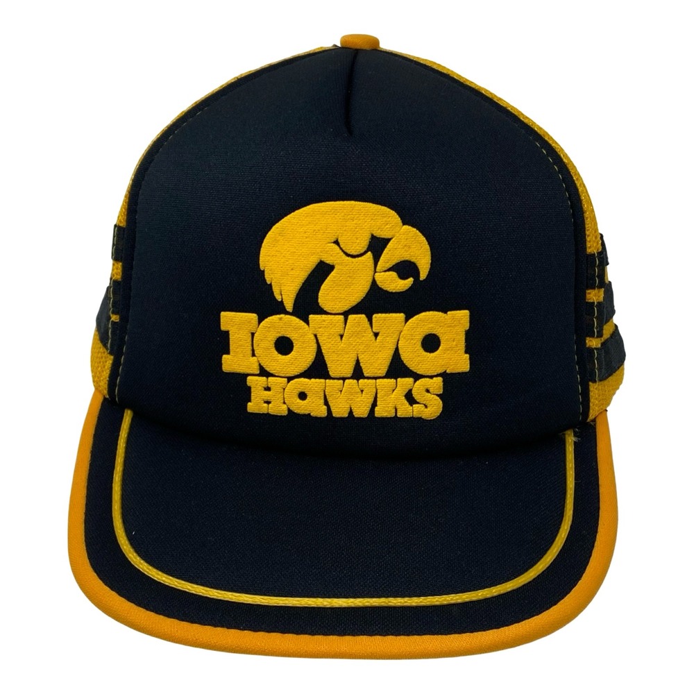 Vintage Iowa Hawks Triple Stripe Trucker Hat Snapback Mesh Cap Black Gold Logo